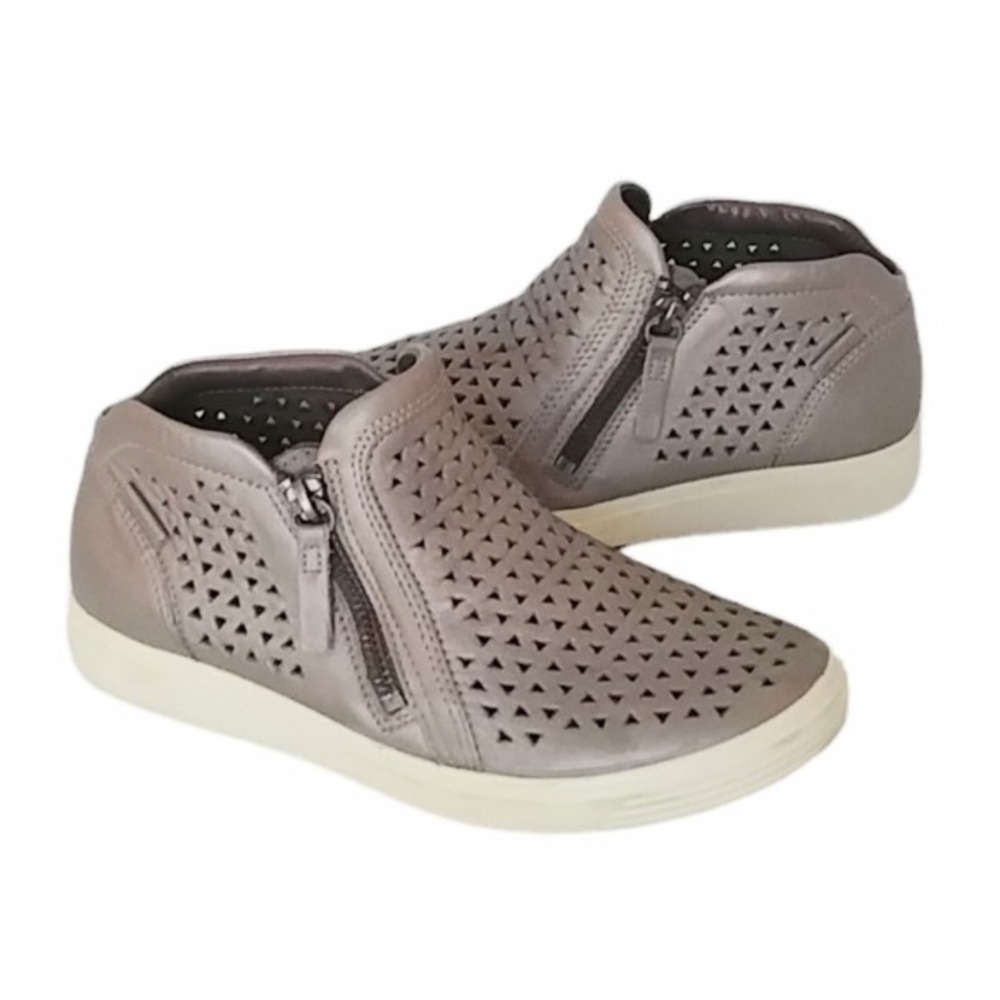ECCO Soft 7 Laser Cut Sneakers Womens 5 Metallic Pewter High Top Zip